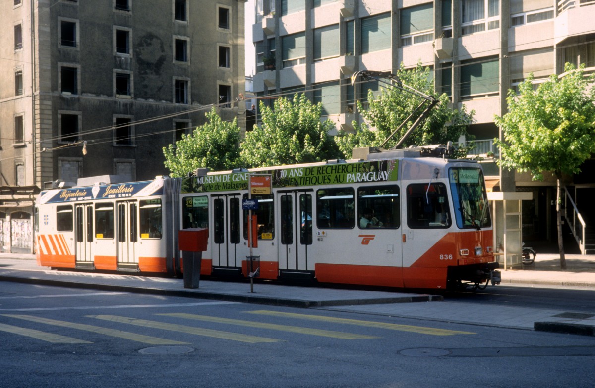 Genve / Genf TPG Tram 12 (ACMV/DWAG-Be 4/6 836) Carrefour de Villereuse (Route de la Terrasire / Rue de Villereuse) am 8. Juli 1990.