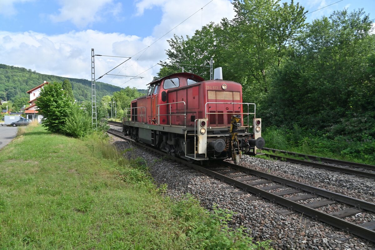 Gerade hat die 294 613-5 Neckargerach erreicht und fährt nun Lz auf den Binauer Tunnel zu am 29.6.2021