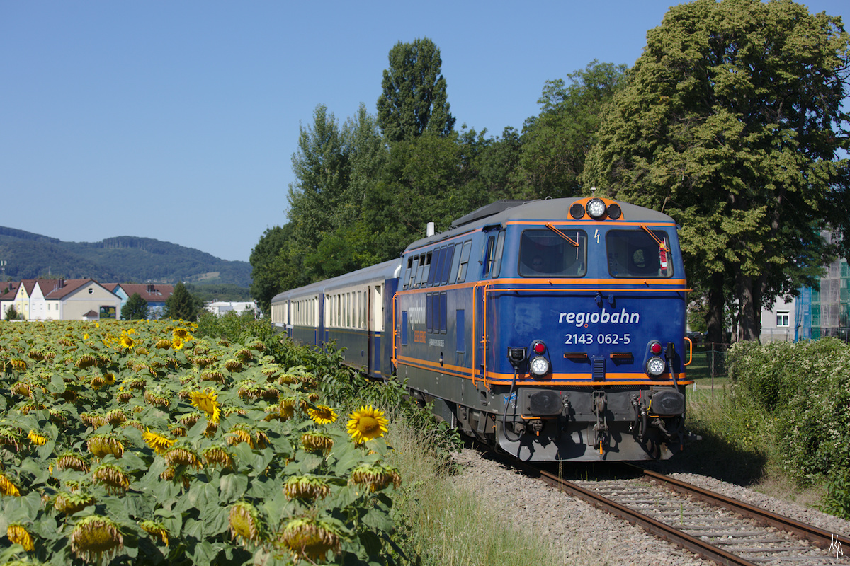 Gerne hätte ich das beste Bild der Serie vorgestellt, das jedoch leider abgelehnt wurde!!!
Daher ein anderes Foto aus dieser Serie, dass den die 2143.062 bei bestem Licht auf der Fahrt nach Ernstbrunn wenige Minuten nach dem Halt im Bahnhof Korneuburg zeigt. (01.08.2020)