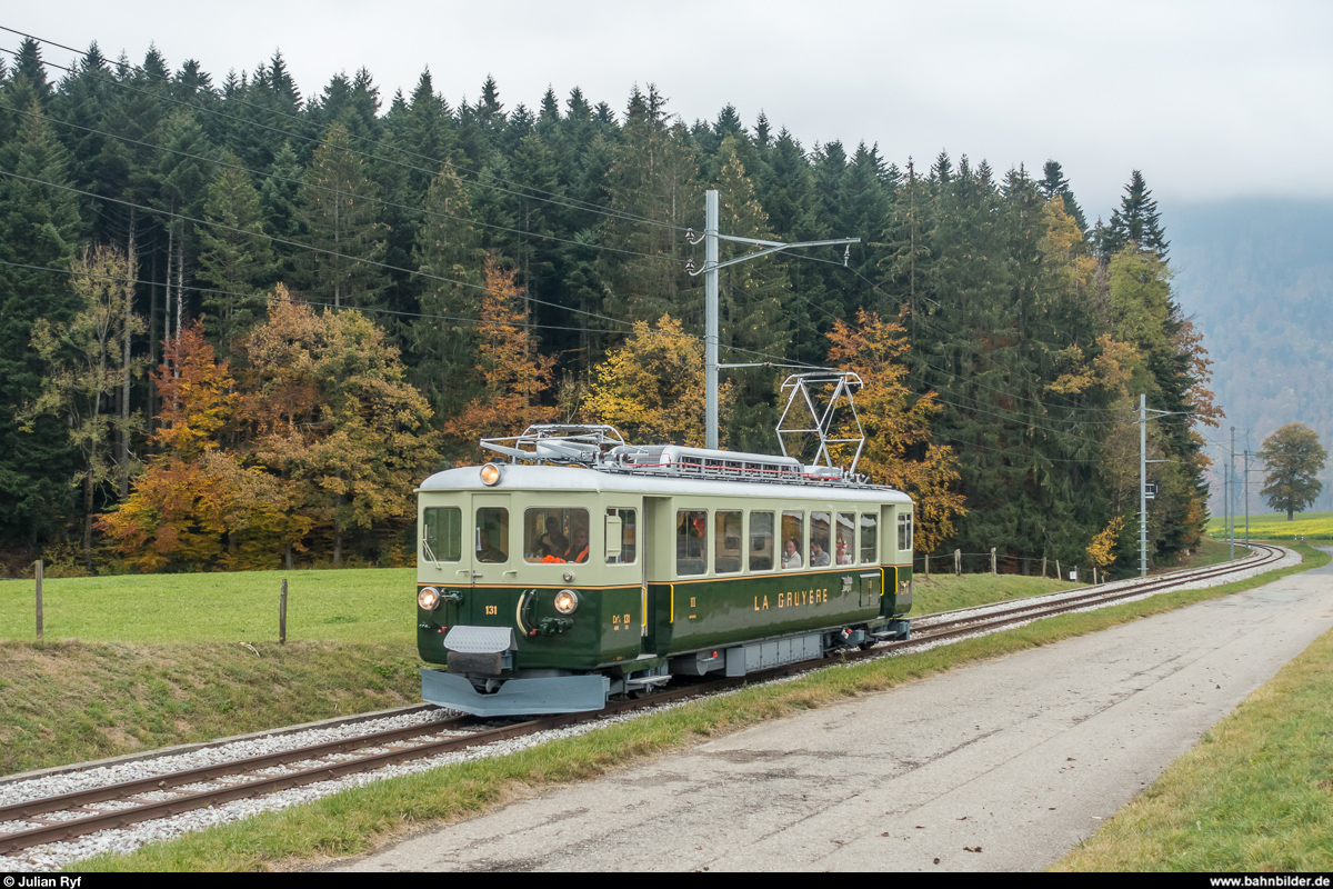 GFM Historique Ce 4/4 131 auf Extrafahrt am 3. November 2018 zwischen den Haltestellen Les Marches und La Tour-de-Trême Parqueterie (bis 2017 Epagny).