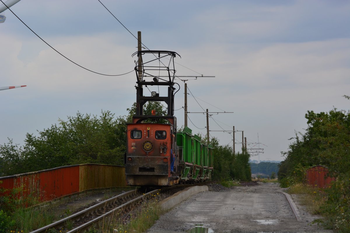 Gleich hat Lok 1 wieder die Beladestation erreicht und wird für ihre nächste Fahrt befüllt. Hier überquert sie noch die Bahnstrecke nach Schönebeck.

Staßfurt 03.08.2017