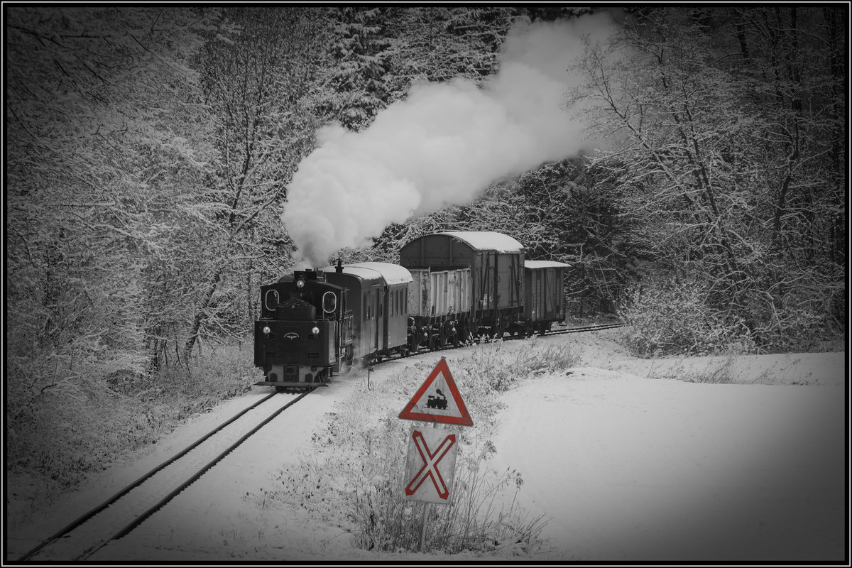 Gleich wird Draculinchen alias 764.411 R mit Ihrem Güterzug in Preding eintreffen. 
Hier nächst km 2,0 beschließe ich meine Bilder für Heute. 
Morgen geht's weiter … 
Schöne Adventwoche an alle ! 
16.12.2018