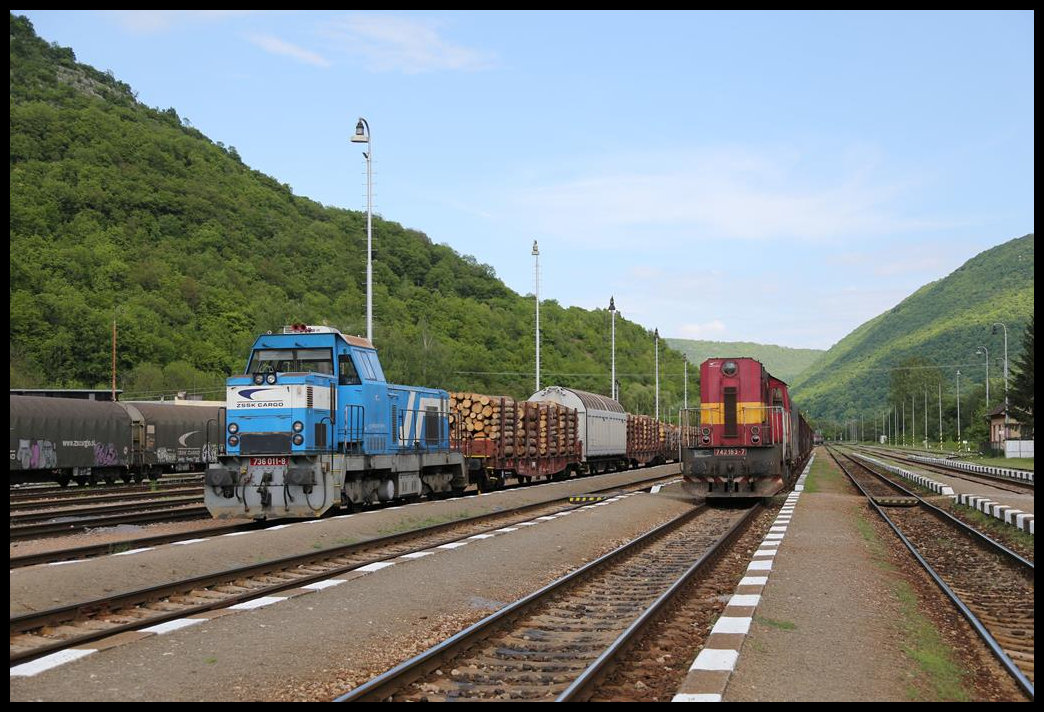 Gleich zwei Güterzüge standen am Nachmittag des 13.5.2019 im Bahnhof Plesivec. Links steht 736011-8 mit einem Zug nach Zvolen. Rechts ist 742183-7 kurz zuvor aus Roznava angekommen.