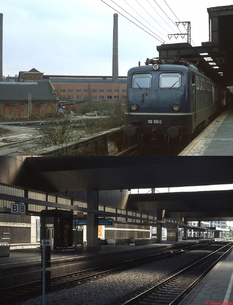 Gleis 18 im Düsseldorfer Hauptbahnhof Ende der der 1970er Jahre und 2010: Oben ist 110 131-0 mit einem D-Zug eingefahren, im Hintergrund sind noch die Reste des alten Stahlwerkes sichtbar. Heute bietet sich vom annähernd gleichen Standpunkt ein völlig anderes Bild: Im Rahmen des Umbaus erhielt der Bahnhof eine neue Halle und ein weiterer Bahnsteig mit den Gleisen 19 und 20 wurde gebaut. Direkt daneben wurde ein Parkhaus errichtet und auf dem früheren Industriegelände befindet sich der Bertha von Suttner-Platz mit seinen Verwaltungsgebäuden. Die 110 hielt ungefähr in Höhe des Nordausganges, dies war der einzige Anhaltspunkt, um dieses Vergleichsfoto zu machen.