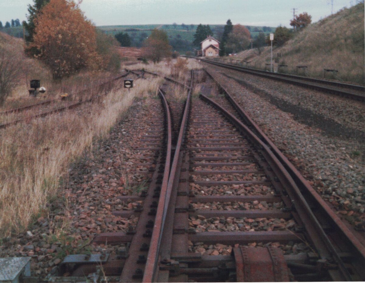 Gleisanlagen des Bahnhofs Hausen vor Wald 1987 - damals bereits unbesetzter Haltepunkt. Das Empfangsgebäude wurde 1985 verkauft.