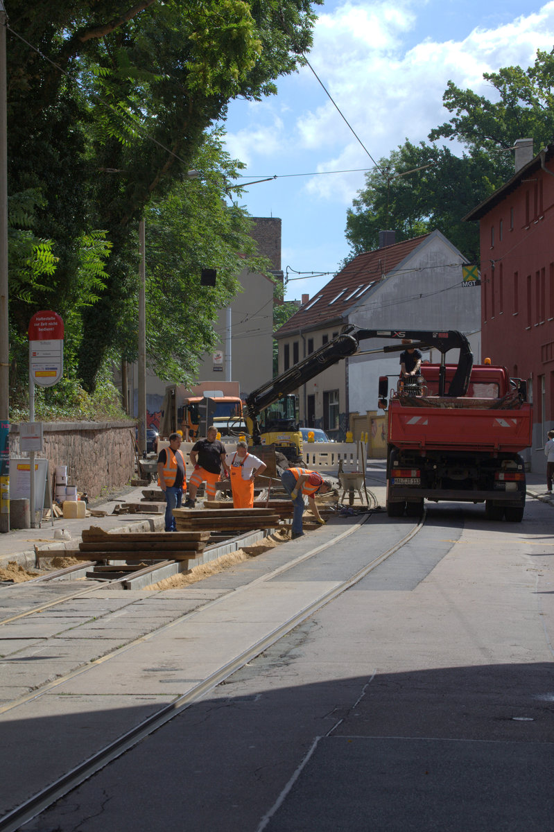 Gleisbauarbeiten in der Seebener Straße in Halle. Randfoto der Enkeleinschulung.
13.08.2016 11:36 Uhr.