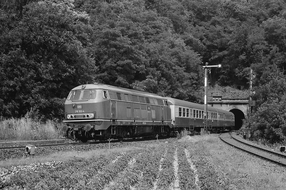 Gleisdreieck Wega, Strecke Korbach - Wabern. 216 102 fährt in Richtung Bad Wildungen und wird gleich den Haltepunkt Wega Mühle passieren. Die Verbindungskurve rechts ermöglichte direkte Fahrten Korbach - Wabern und wurde bis in die 1970er Jahre von Güterzügen befahren (29.9.1987). 