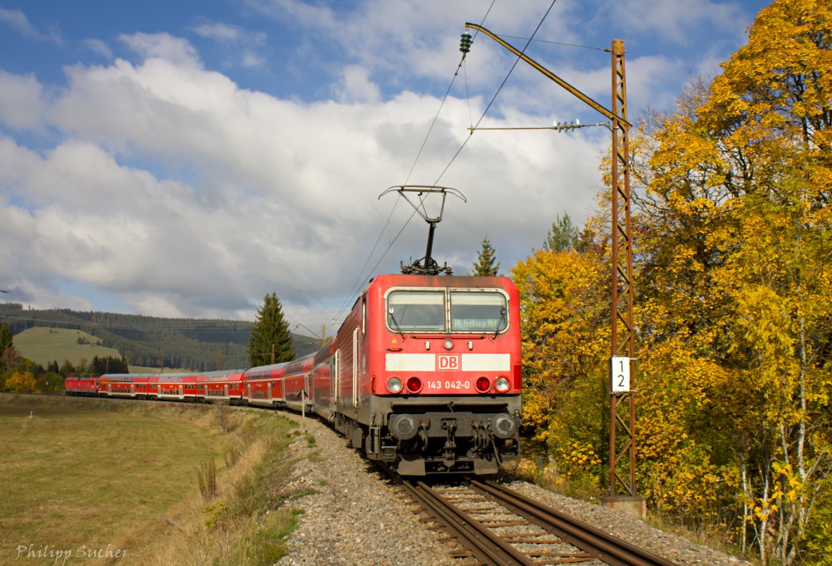 Goldene Blätter an den Bäumen, ein kalter Wind pfeift dem Fotografen um die Ohren und man muss um jeden Sonnenstrahl bangen. Herbst ist es geworden im Schwarzwald - es ist auch ein symbolischer Herbst für die alten Fahrleitungsmasten auf der Dreiseenbahn. Wenn im nächsten Jahr die Bäume wieder ausschlagen, werden hier moderne Masten stehen... Schade drum, doch so ist nun mal der Lauf der Dinge. Hier sehen wir 143 042 mit RB26952 am 11.10.2015 in der Titiseer Kurve gen Freiburg fahren.