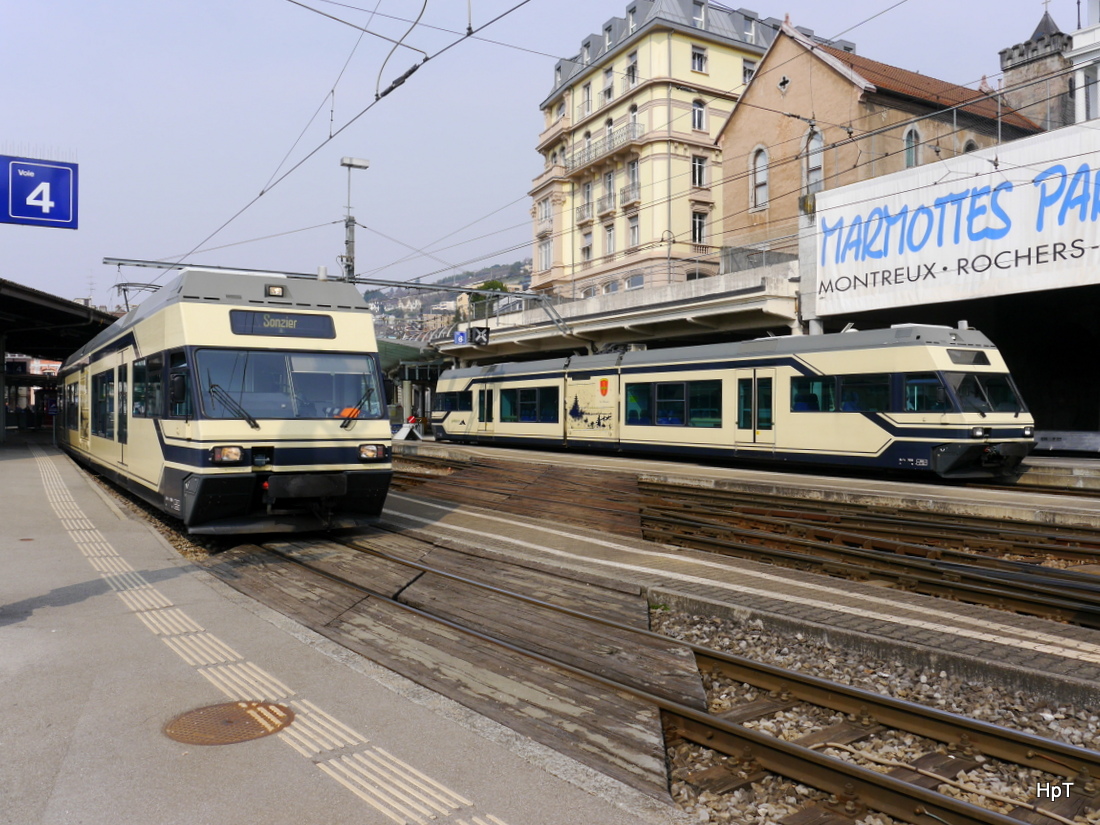 Goldenpass / MOB - Triebwagen Be 2/6 7004  und Be 2/6  7002 in Montreux am 14.03.2015