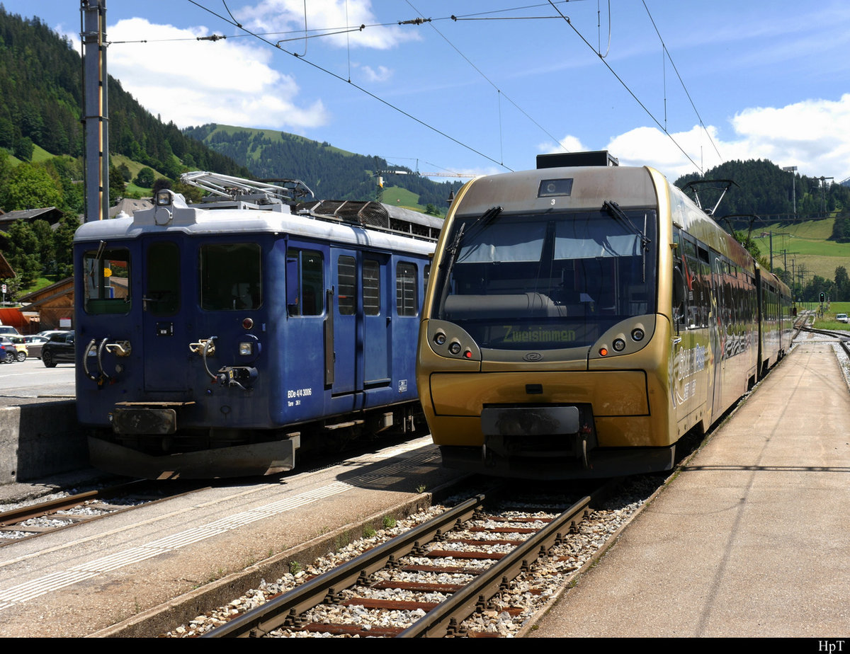 Goldenpass MOB - BDe 4/4 3006 und der Steuerwagen ABt 343 in Rougemont am 04.072020