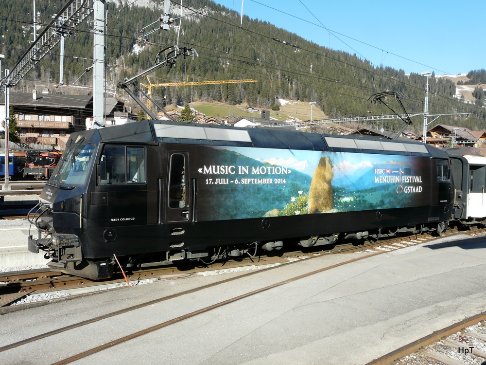 Goldenpass MOB - Lok Ge 4/4  8003 im Bahnhof Zweisimmen am 09.03.2014