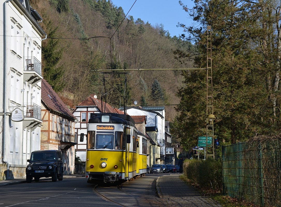 Gotha TB7 #6 mit dem Beiwagen Gotha B2-62 #22 erreicht die Endhaltestelle Kurpark. Die Aufnahme stammt vom 13.02.2018. 