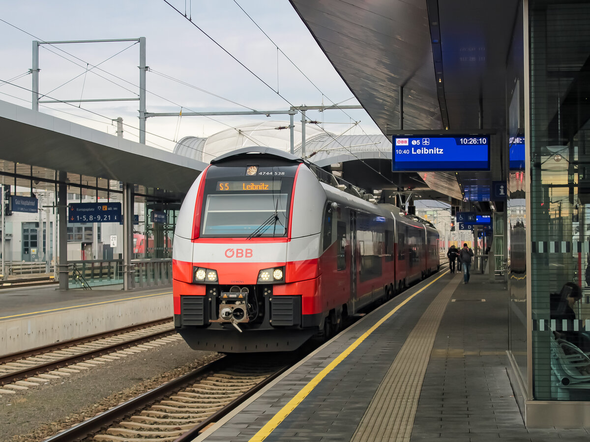 Graz. Am 13.01.2023, konnte ich den Cityjet 4744 538 am Grazer Hauptbahnhof fotografieren. Der Elektrotriebwagen wird in Kürze als S5 nach Leibnitz aufbrechen.