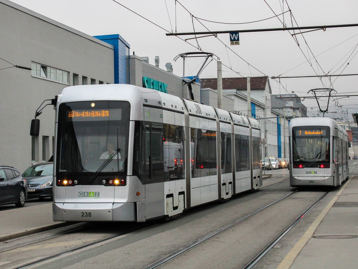 Graz. Am 13.11.2020 trafen sich in der Waagner-Biro-Straße zwei  Poltergeister . Während rechts Variobahn 202 als Linie 7 nach Wetzelsdorf fährt, steht links Variobahn 238 mit einem Matrixfehler.