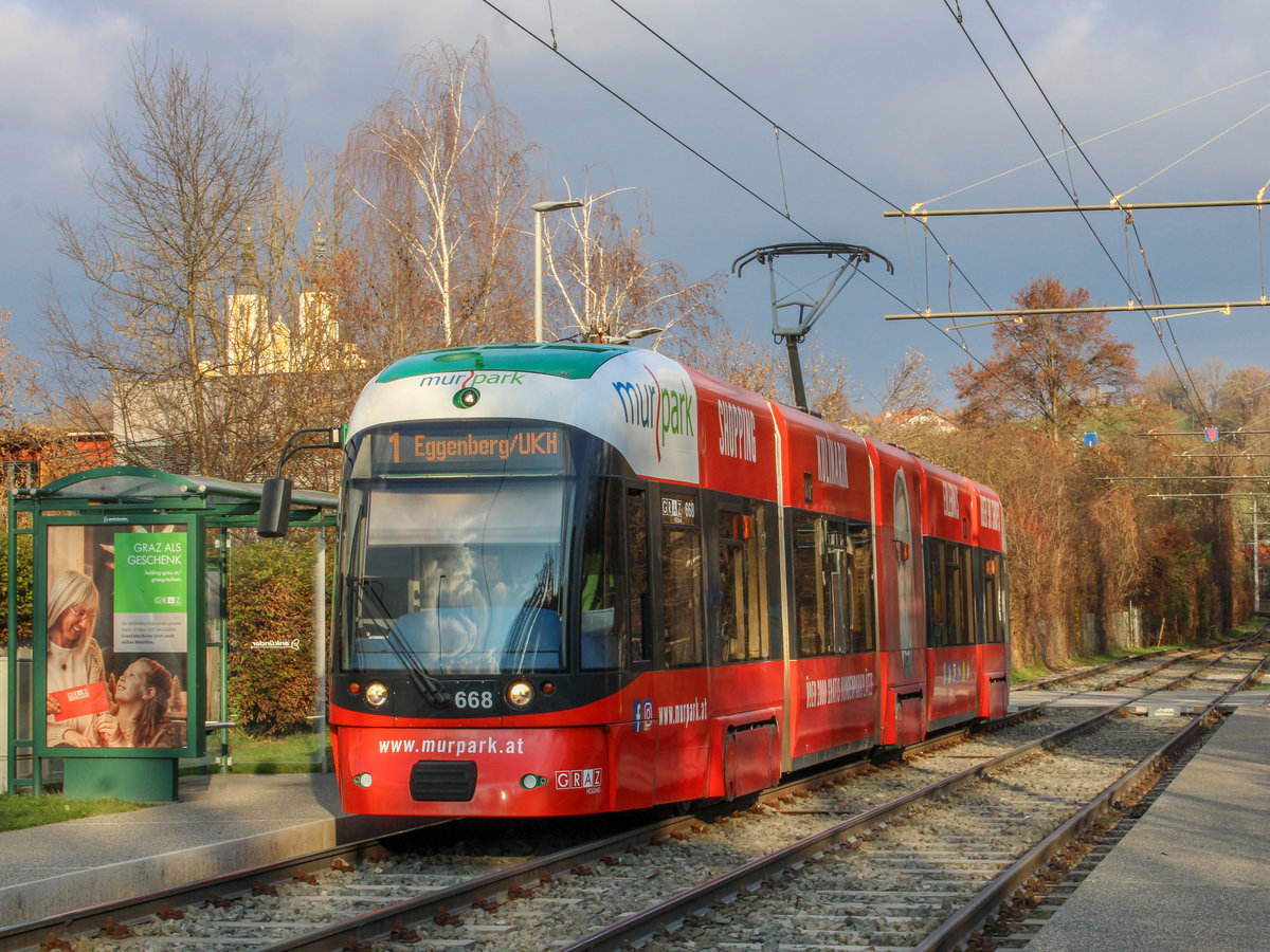 Graz. Am 25.11.2020 konnte ich Cityrunner 668 der Graz Linien in Teichhof als Linie 1 ablichten.