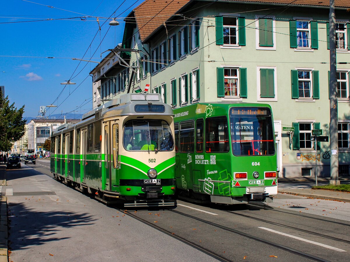 Graz. Am 28.09.2023 ist TW 502 auf der Linie 7 eingeteilt, hier bei der Karl-Morre-Straße.
