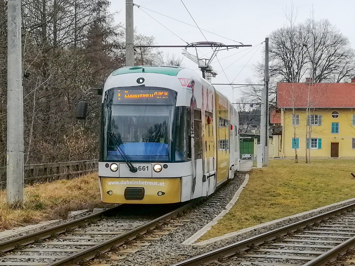Graz. Am 29.02.2020 fuhr Cityrunner 661 auf der Linie
1. Dieses Foto entstand bei der Ausfahrt der Schleife
Mariatrost. 