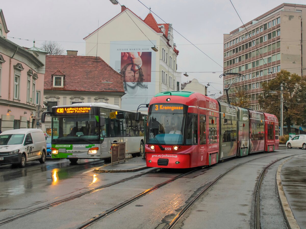 Graz. An diesem regnerischen 03.11.2021 war Cityrunner 659 auf der Linie 3 unterwegs, aufgenommen am Dietrichsteinplatz.