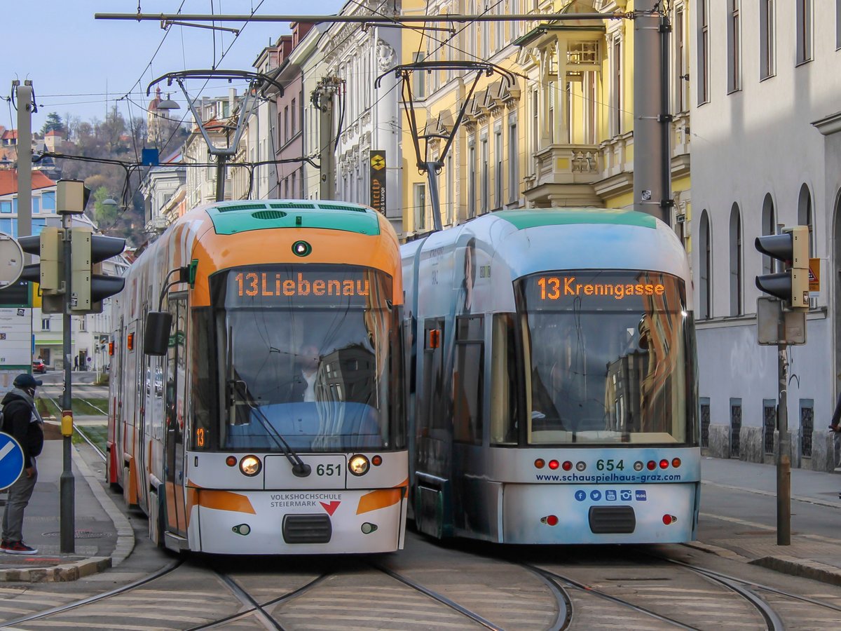 Graz. Cityrunner 651 und 654 konnte ich am 06.04.2021 bei einer Begegnung bei der Haltestelle Steyrergasse ablichten.