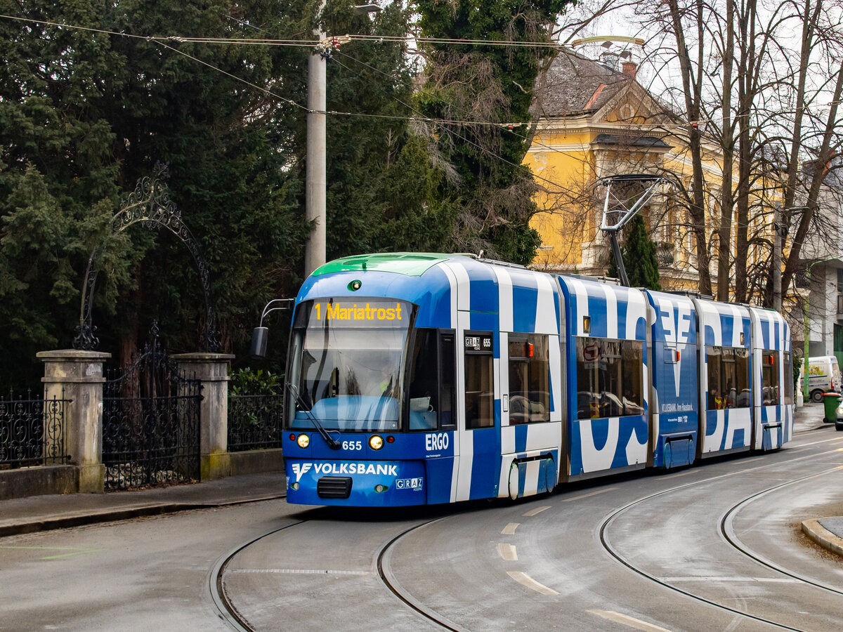 Graz. Cityrunner 655 der Graz Linien ist hier am 1. Febraur 2024 als Linie 1 bei der Lenaugasse zu sehen.