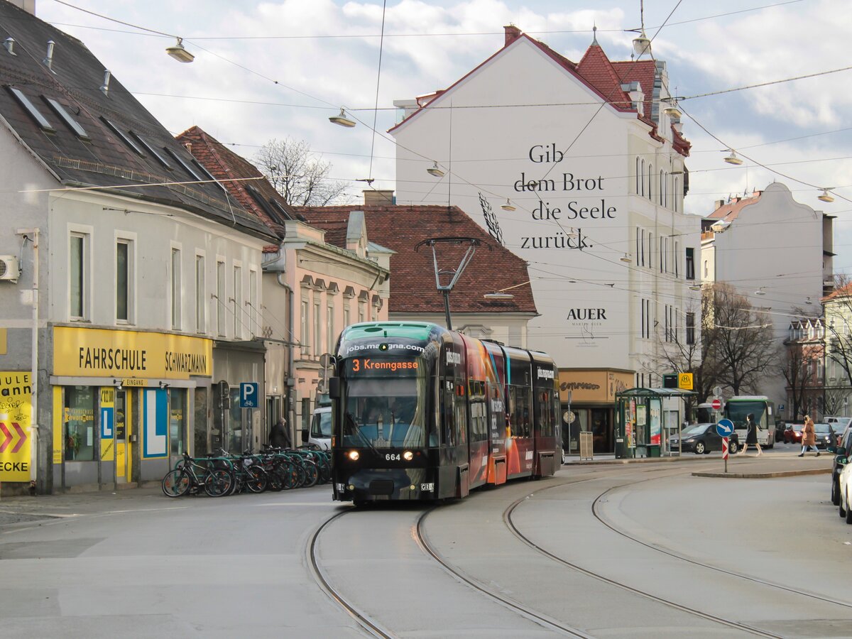 Graz. Cityrunner 664 der Graz Linien war am 10.01.2023 als Linie 3 unterwegs, hier am Dietrichsteinplatz.