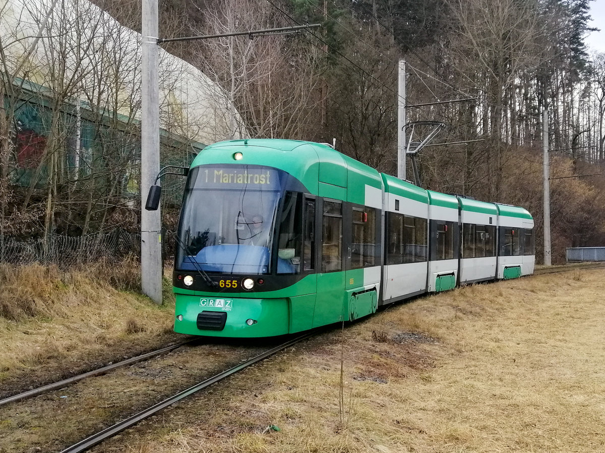 Graz. Cityrunner 665 schlängelt sich hier um den Kurvigsten
und Schönsten Teil der Linie 1, den Streckenabschnitt
St. Johann-Rettenbach. Das Foto wurde kurz vor der Haltestelle
Rettenbach aufgenommen. 