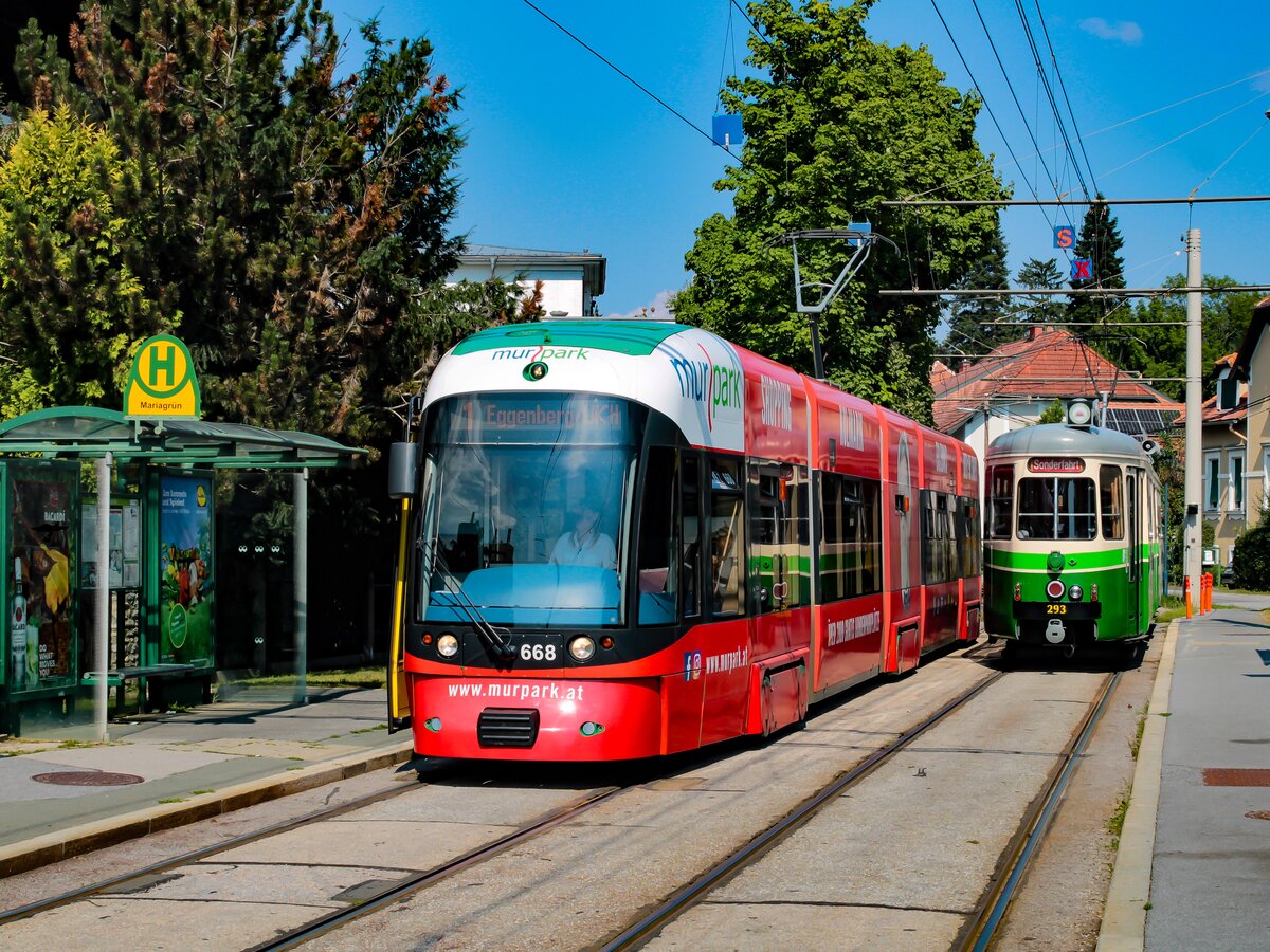 Graz. Cityrunner 668 ist hier am 2008.2023 als Linie 1 in Mariagrün zu sehen.
