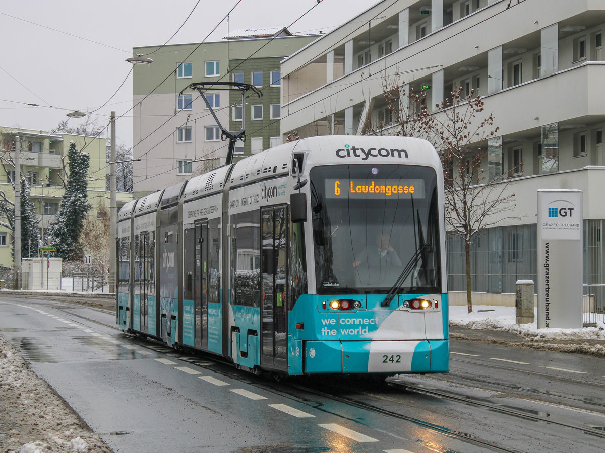 Graz. Den 1. ordentlichen Schnee seit 2017 gab es in der Nacht auf den 03.12.2020. Dieses Ereignis musste von mir am nächsten Tag Bildlich festgehalten werden: Variobahn 242 der Graz Linien ist hier als Linie 6 kurz vor dem Schulzentrum St. Peter zu sehen.