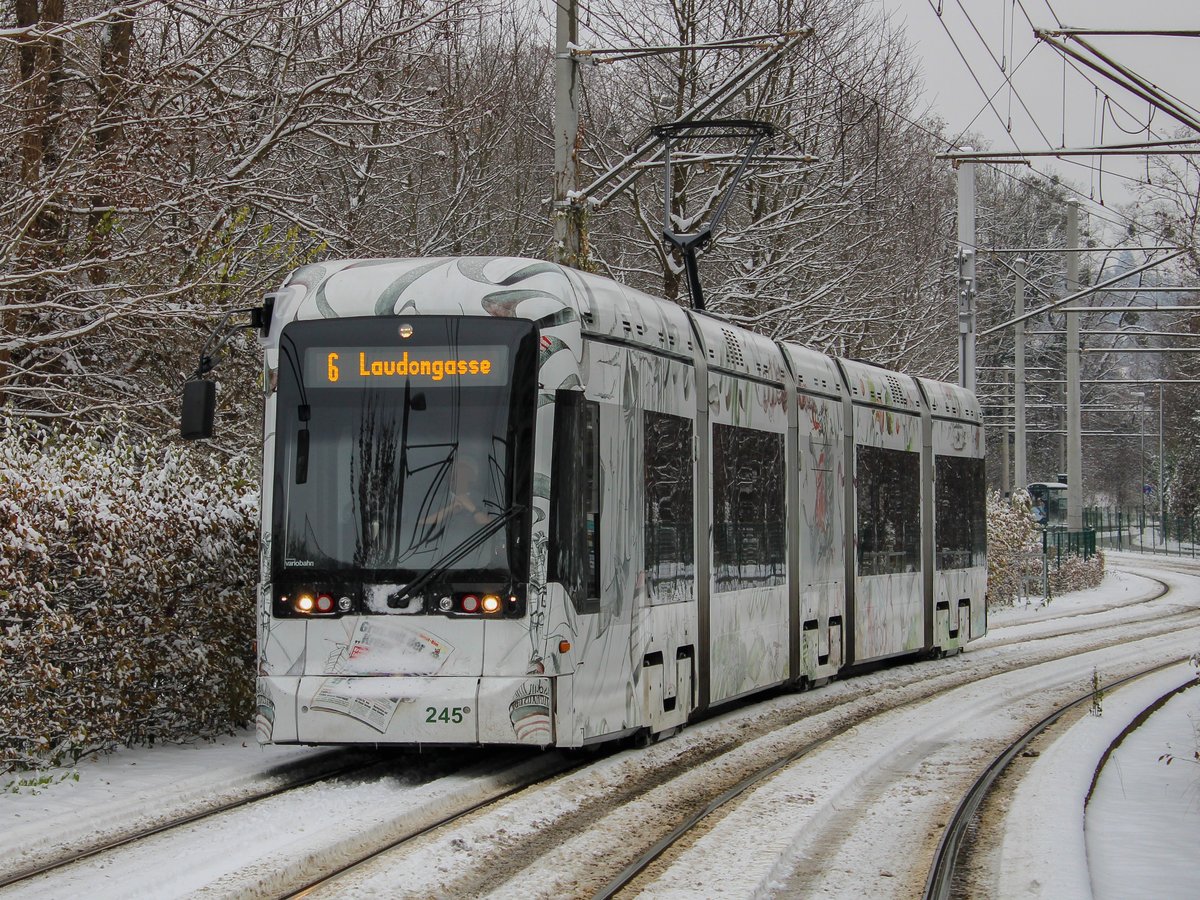 Graz. Den 1. ordentlichen Schnee seit 2017 gab es in der Nacht auf den 03.12.2020. Dieses Ereignis musste von mir am nächsten Tag Bildlich festgehalten werden: Variobahn 245 der Graz Linien ist hier als Linie 6 kurz vor der Haltestelle Eisteichgasse zu sehen.