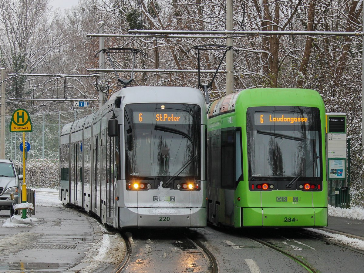 Graz. Den 1. ordentlichen Schnee seit 2017 gab es in der Nacht auf den 03.12.2020. Dieses Ereignis musste von mir am nächsten Tag Bildlich festgehalten werden: Variobahn 220 und 234 der Graz Linien sind hier als Linie 6 bei der Haltestelle Breitenweg zu sehen.