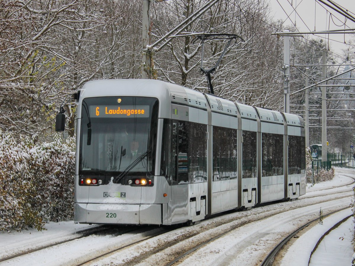 Graz. Den 1. ordentlichen Schnee seit 2017 gab es in der Nacht auf den 03.12.2020. Dieses Ereignis musste von mir am nächsten Tag Bildlich festgehalten werden: Variobahn 220 der Graz Linien ist hier als Linie 6 kurz vor der Haltestelle Eisteichgasse zu sehen.
