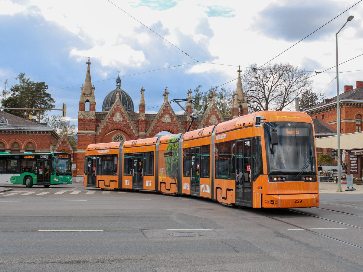 Graz. Die Strecke Zentralfriedhof – Brauquartier ist eine der einzigen eingleisigen Strecken der Straßenbahn Graz. Diese soll in wenigen Jahren zweigleisig ausgebaut werden. Am 20.04.2021 und 21.04.2021 fanden Vorbereitungsarbeiten statt, dazu wendete die Linie 5 im Zeitraum von 8:30 Uhr bis 17:30 Uhr in der Schleife Zentralfriedhof, die normalerweise nur von Bussen bedient wird.
Am 20.04.2021 konnte ich Variobahn 229 der Graz Linien vor dem Portal des Grazer Zentralfriedhofes ablichten.