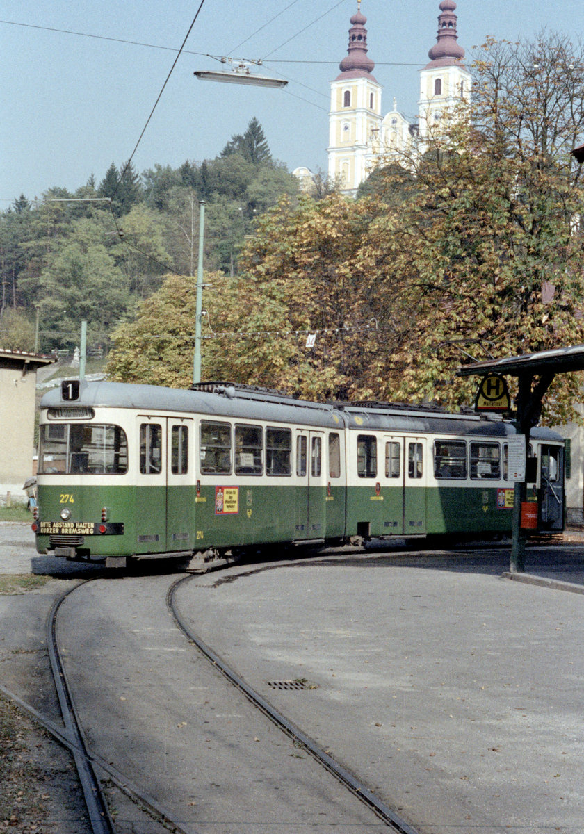 Graz GVB SL 1 (GT6 274) Endstation Mariatrost am 17. Oktober 1978. - Scan eines Farbnegativs. Film: Kodak Safety Film 5075. Kamera: Minolta SRT-101.