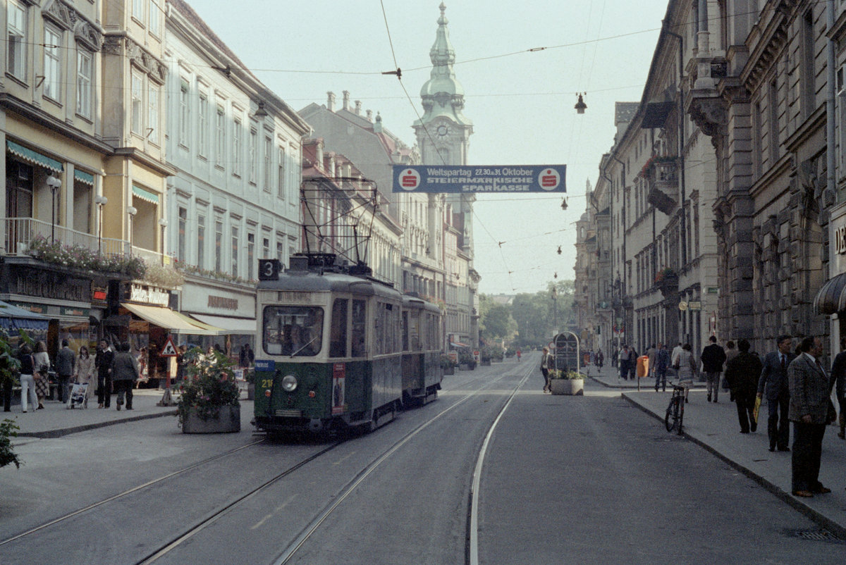 Graz GVB SL 3 (Tw 218) Herrengasse am 17. Oktober 1978. - Scan eines Farbnegativs. Film: Kodak Safety Film. Kamera: Minolta SRT-101.
