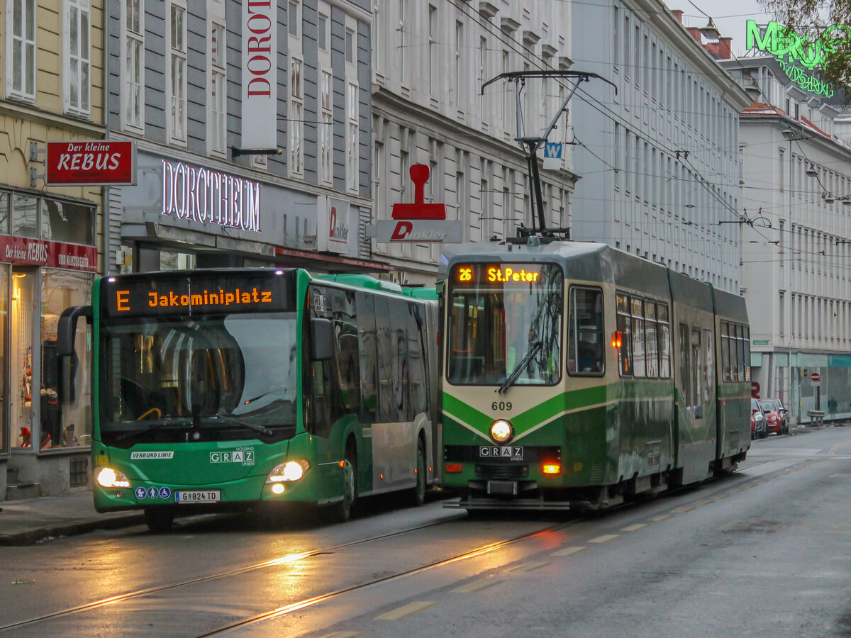 Graz. Mittlerweile historisch ist die Linie 26. Diese verband bis 26.11.2021 den Jakominiplatz mit St. Peter. Am 6.12.2020 konnte ich einen Kurs der Linie bei der Schmiedgasse ablcihten.
