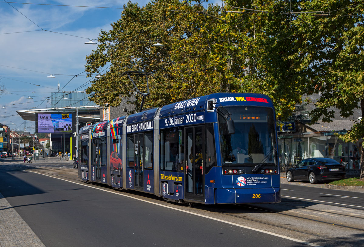 Graz, Stadler Variobahn 206 als Linie 4 beim Ostbahnhof, 16.09.2019 