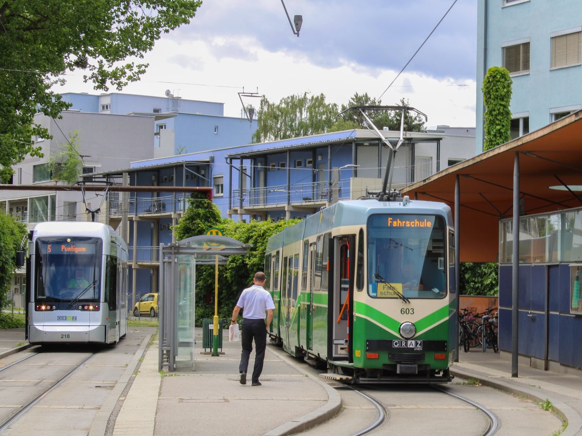 Graz. Trotz des Coronavirus fanden in letzter Zeit viele neue, zukünftige Fahrerinnem und Fahrer ihren neuen Arbeitsplatz. Doch bevor es auf Linie gehen kann, steht Fahrschule am Dienstplan. Am 25.05.2020 begegneten mir TW 603 und VB 213 in der Schleife Andritz. 