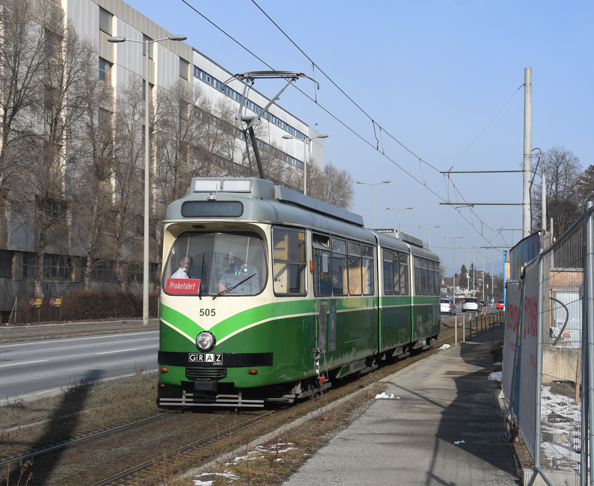Graz TW 505 bei den Bremsfahrten hier beim Brauquartier, 15.02.2018 