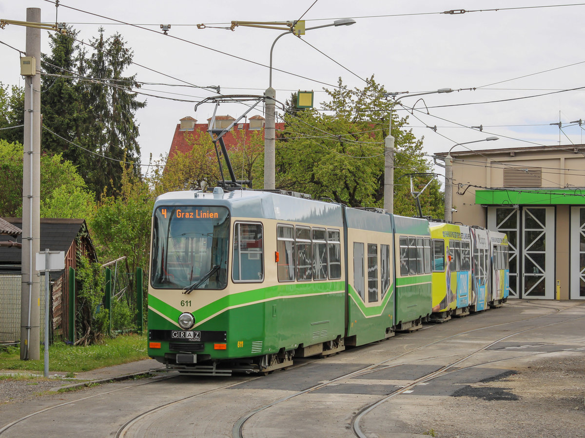 Graz. TW 611 der Graz Linien steht am 01.05.2021 abgestellt in der Remise Alte Poststraße.