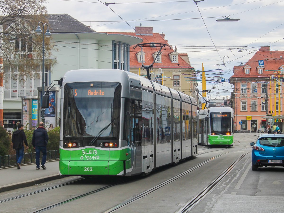 Graz. Variobahn 202 der Graz Linien fährt am 11.04.2021 als Linie 5 nach Andritz, hier in der Herrengasse.