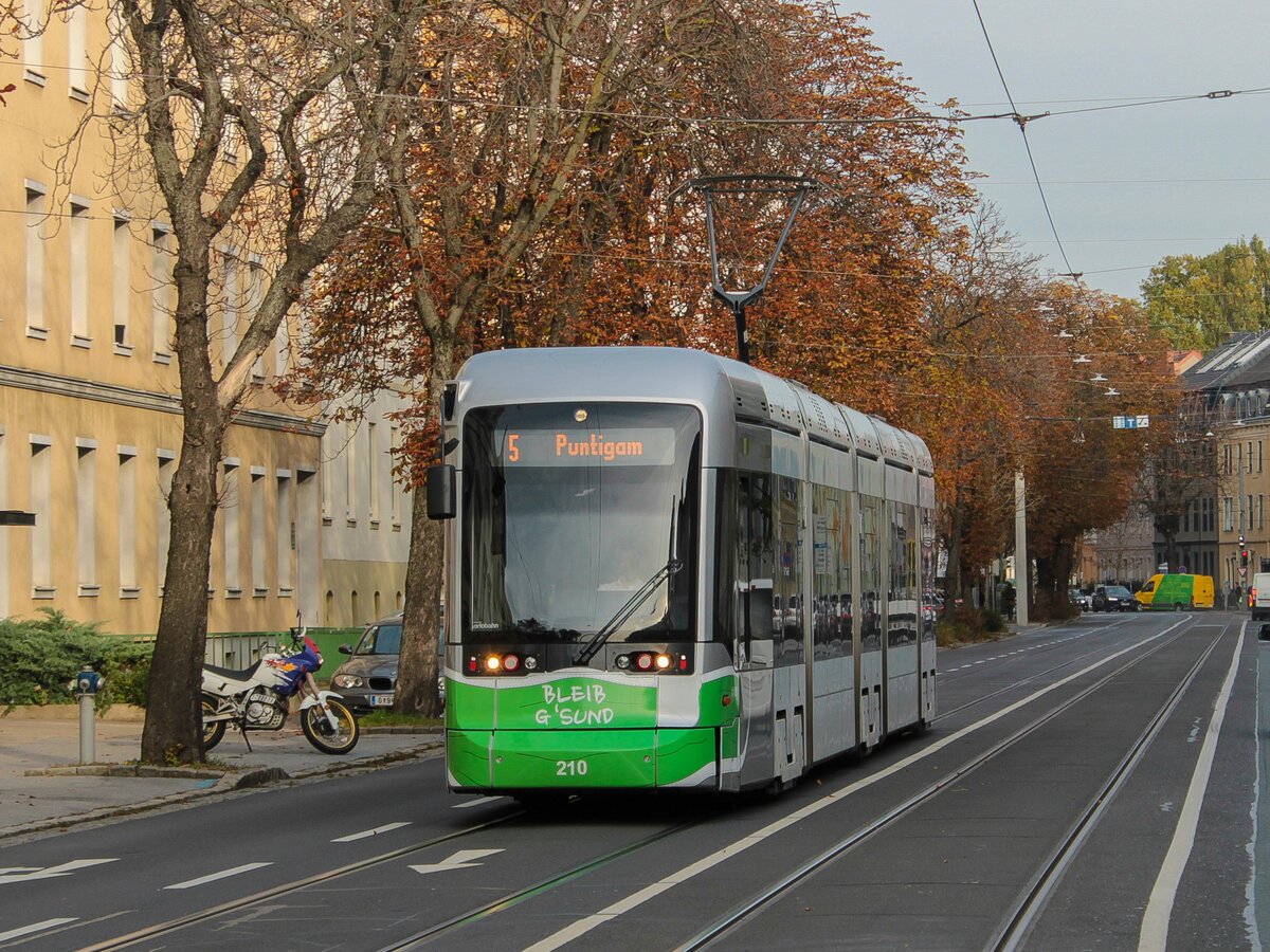 Graz. Variobahn 210 der Graz Linien fährt hier am 19.10.2021 über den Schönaugürtel.
