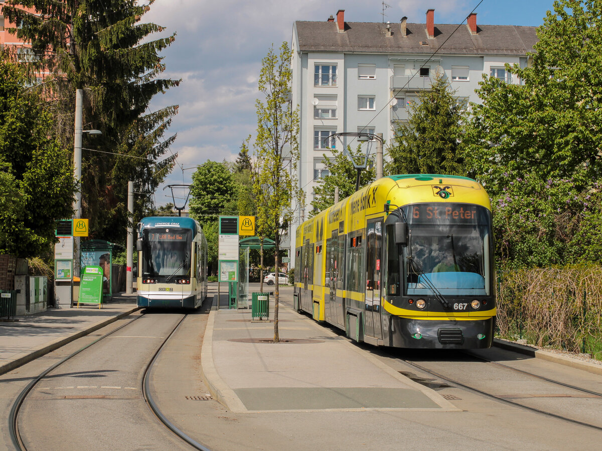 Graz. Variobahn 231 steht hier mit Cityrunner 667 am 03.05.2021 in der Laudongasse.