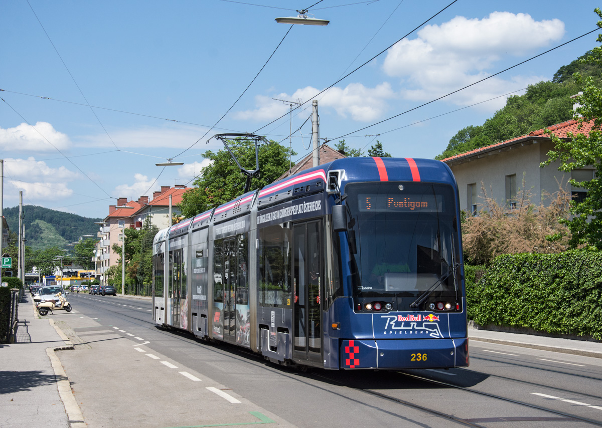 Graz 

Variobahn 236  Red Bull Racing  als Linie 5 in der Theodor-Körner-Straße, 09.05.2018 