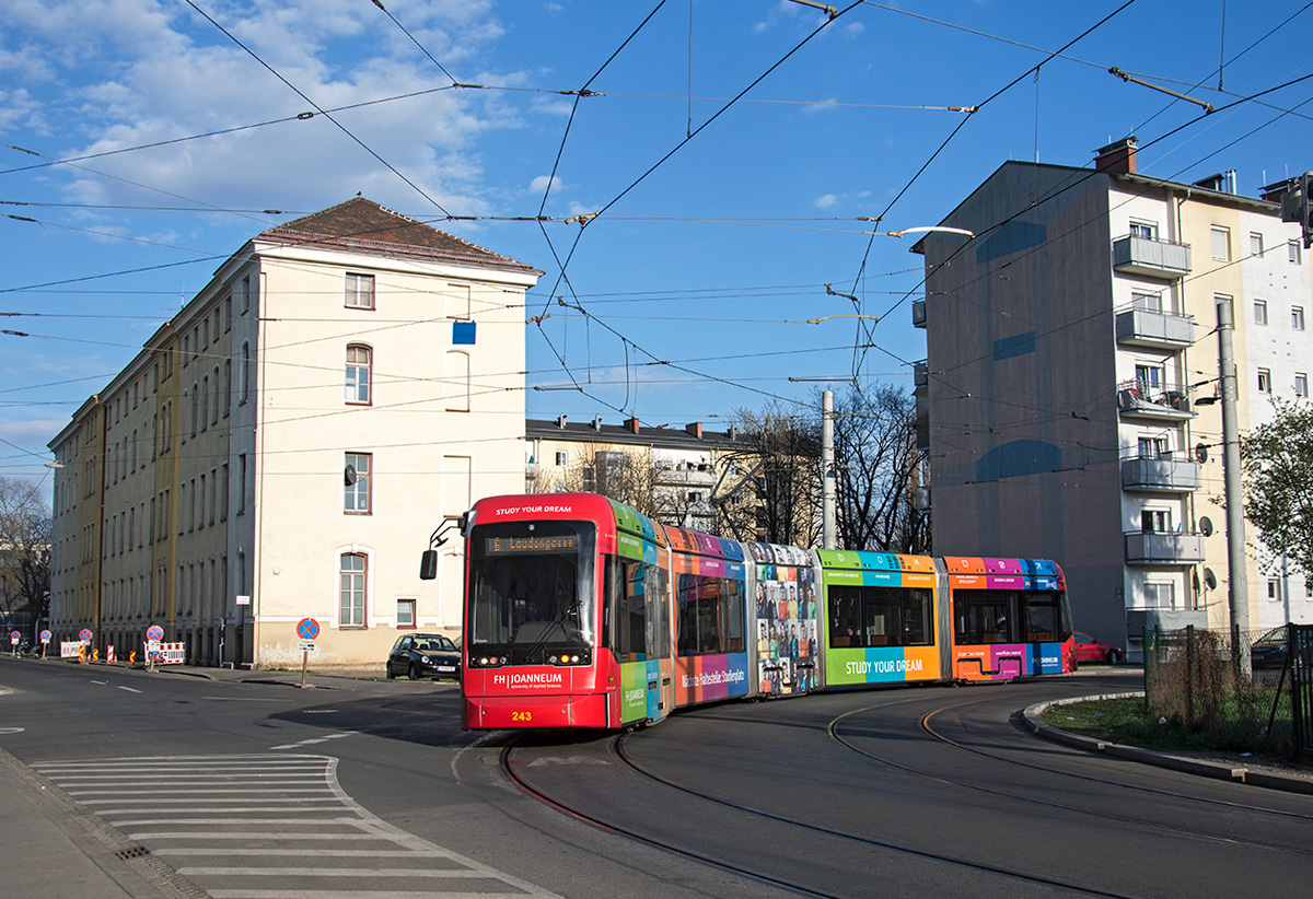 Graz VB 243 mit der schönen FH Joanneum Vollwerbung als Linie 6 in der Kreuzung Asperngasse/Laudongasse, 29.03.2017. 