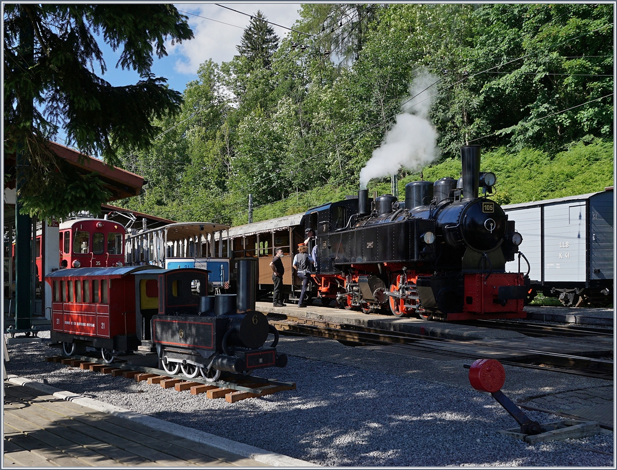 Grosse und kleine Züge in Chaulin.

Im Vordergrund ein Model des C21 mit der G 3/3 6, im Hintergrund die Die Blonay-Chamby G 2x 2/2 105. 

21. Juni 2020