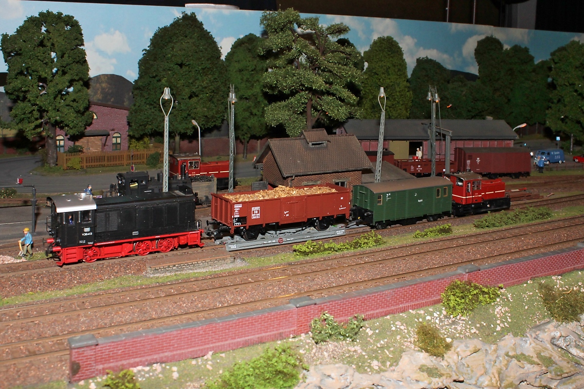 Große Modulanlage der IGM Kaarst e.V.  Karlsforst , Wagenübergabe von Vollspur auf Schmalspur im Rollwagen-Verkehr

Internationale Modellbahnausstellung der IGM Kaarst, 23.02.2013