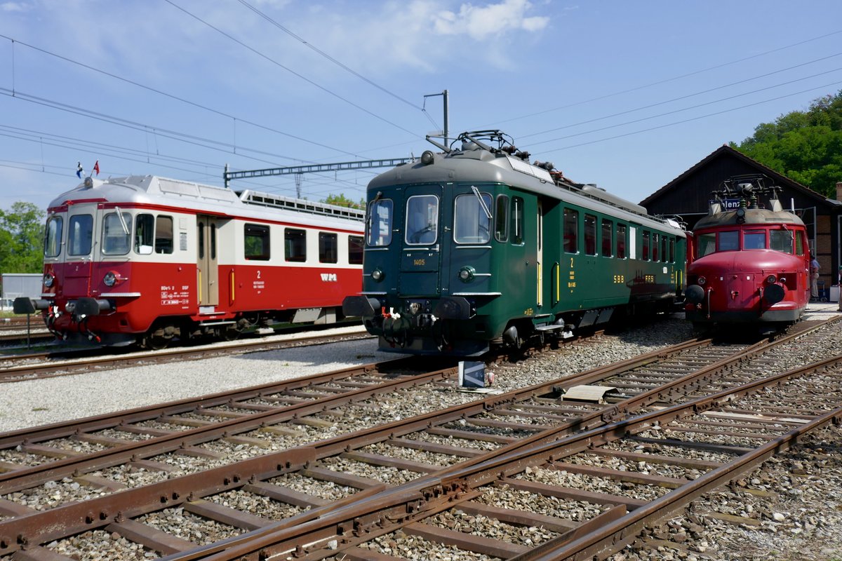 Gruppenbild mit dem DSF BDe 4/4 und RBe 4/4 sowie mit dem Roten Pfeil der OeBB am 1.8.17 vor dem Depot Koblenz.