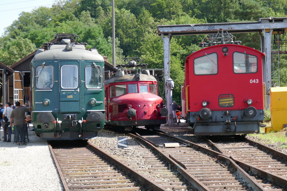 Gruppenbild mit RBe 4/4 ex SBB, Roter Pfeil der OeBB und dem Rangiertraktor am 1.8.17 beim Triebwagentreffen vor dem Depot Koblenz.
