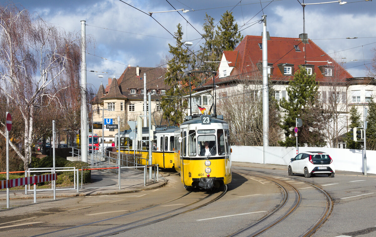 GT4 auf der Oldtimerlinie 23 Straßenbahnmuseum-Ruhbank am 30.01.2022 an der Haltestelle Payerstraße. 