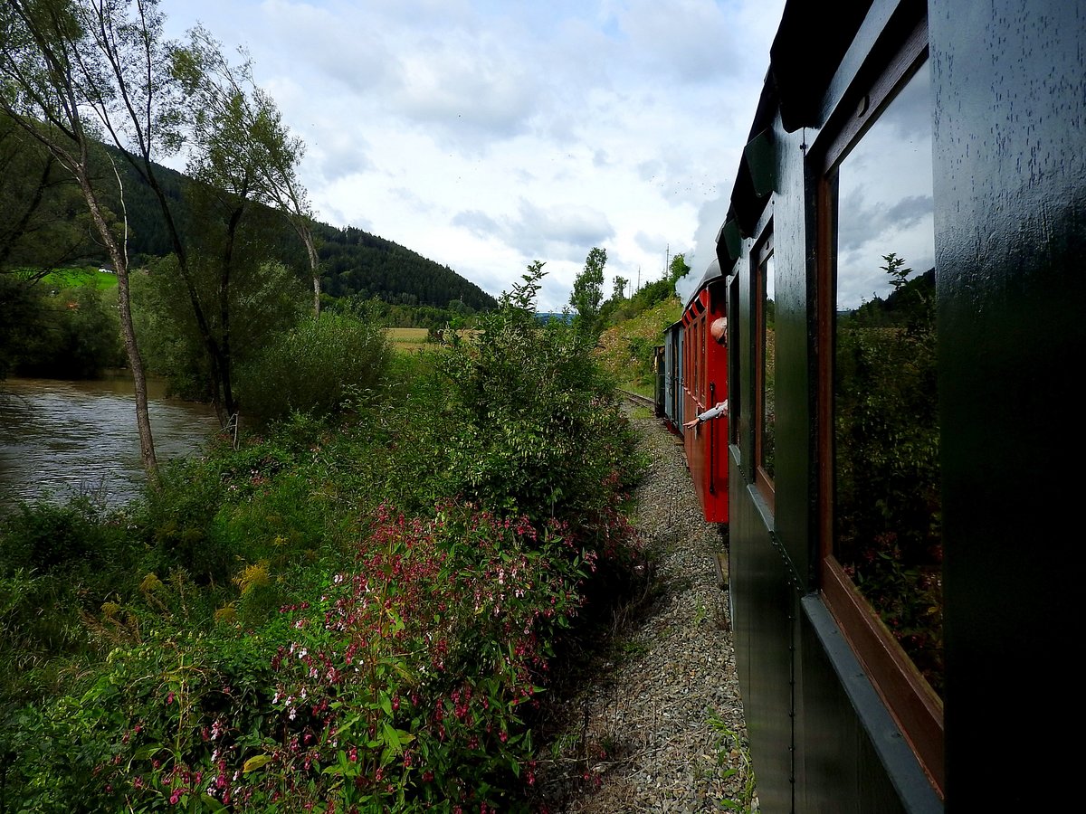 GT62 der GTB dampft, bzw. ruckelt unter Begeisterung so mancher Fahrgäste, gemächlich durch die blühende Landschaft entlang des Flusses Gurk; 170963